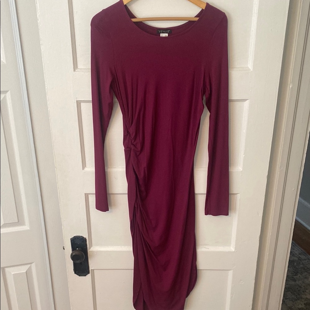 Burgundy Ruched Long Sleeve Dress